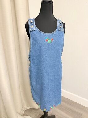 Vintage Blue Denim Floral Embroidered Jumper overall Dresse